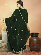 Jyoti Fashion Women's Green Velvet Cording with Resham Thread & Sequin Kurta with Trouser & Dupatta | Grocsy