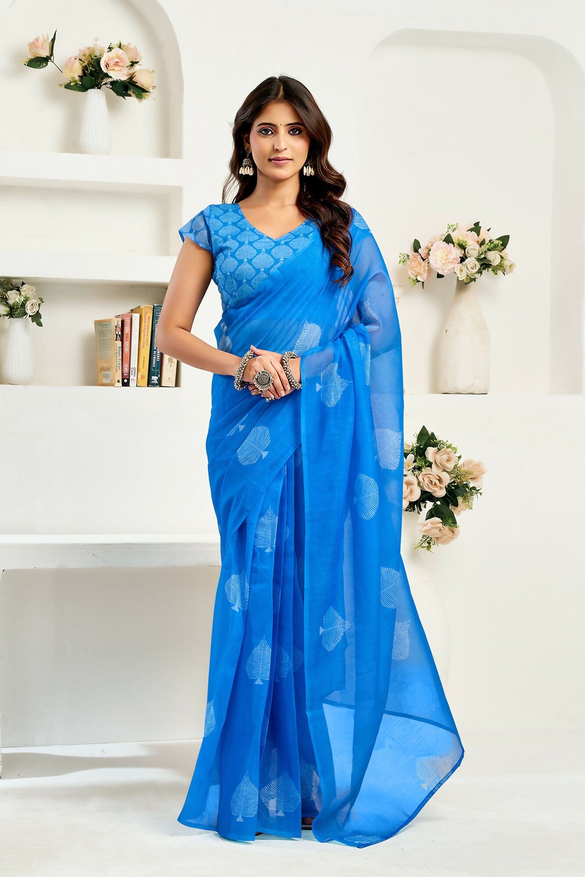 Vastranavya Blue Digital Printed Linen Ready To Wear Designer Saree with Unstitched Blouse | Grocsy