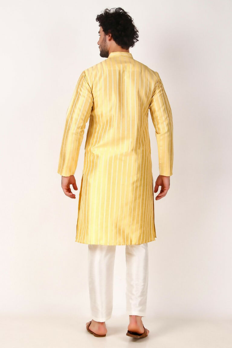 Lemon Art Silk Woven Designer Men's Rajwadi Kurta Set - Mahotsav | Grocsy