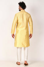 Lemon Art Silk Woven Designer Men's Rajwadi Kurta Set - Mahotsav | Grocsy