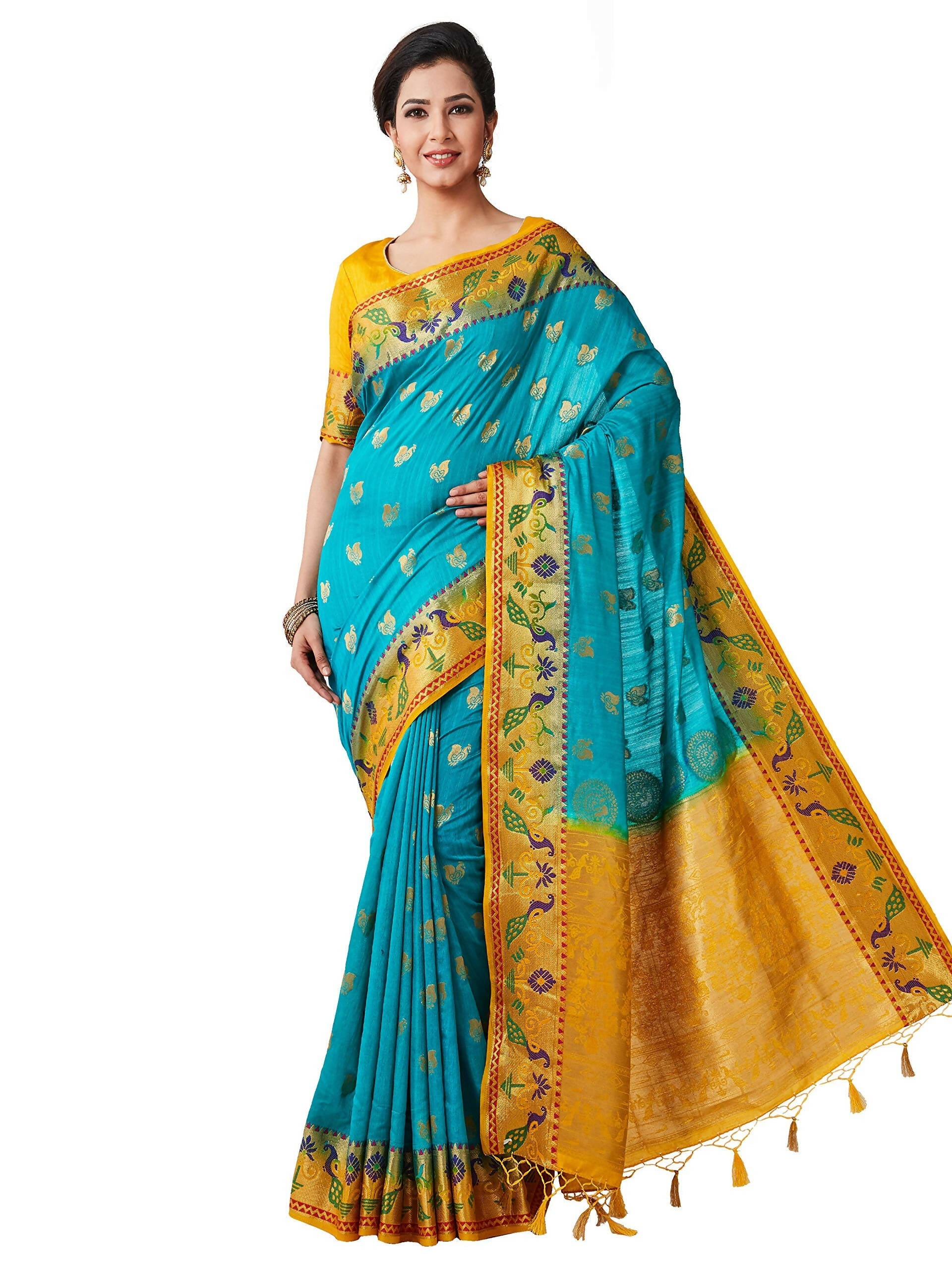 Mimosa Women's Turquoise Kanchipuram Silk Saree | Grocsy
