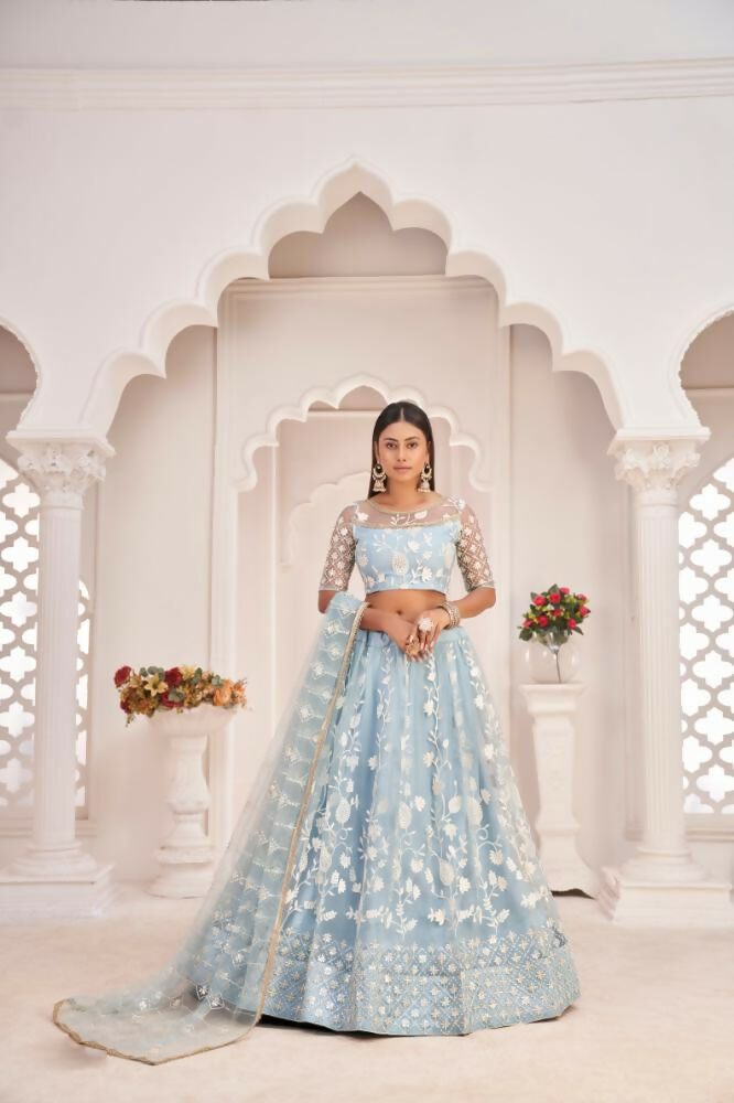 Aastha Fashion Light Sky Butterfly Net White Cotton Thread Work, Zari Work And Sandwich Sequence Work Embroidery Wedding Wear Lehenga Choli | Grocsy