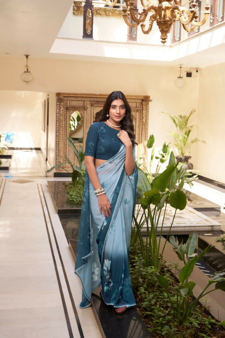 Vastranavya Rama Weightless Marble Printed & Trim Lace Border Saree with Unstitched Blouse | Grocsy