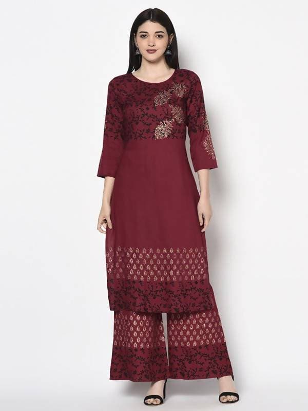 Aniyah Rayon Maroon Color Block Print Straight Kurta Palazzo Set (AN-184K) | Grocsy