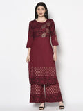 Aniyah Rayon Maroon Color Block Print Straight Kurta Palazzo Set (AN-184K) | Grocsy