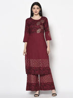 Aniyah Rayon Maroon Color Block Print Straight Kurta Palazzo Set (AN-184K) | Grocsy