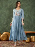The52 Women's Beautiful Embroidery Work Silk Fabric Flared Kurta Pant and Dupatta Set | Grocsy