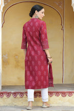 Juniper Women's Marron Cotton Cambric Floral Printed Straight Kurta | Grocsy