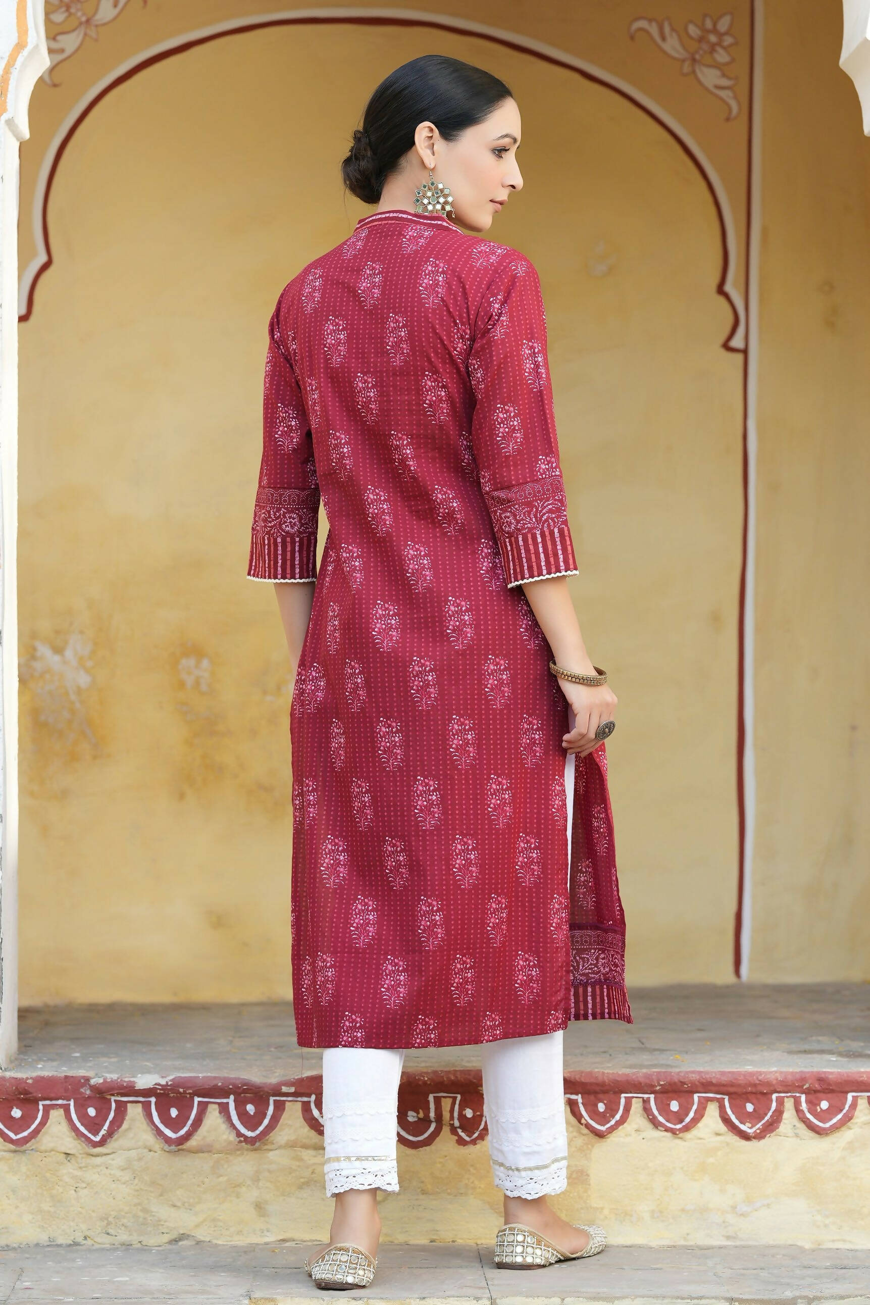 Juniper Women's Marron Cotton Cambric Floral Printed Straight Kurta | Grocsy