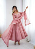 Teeya Creation Baby Pink Color Heavy Crunchy Silk Embroidery Work Gown | Grocsy