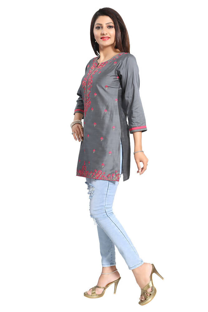 Snehal Creations Elegant Gray Short and Straight Raw Silk Tunic | Grocsy