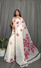 Exclusive Collection Beautiful White Red Pure Cotton Hand Print Handloom Saree With Running Blouse Piece | Grocsy