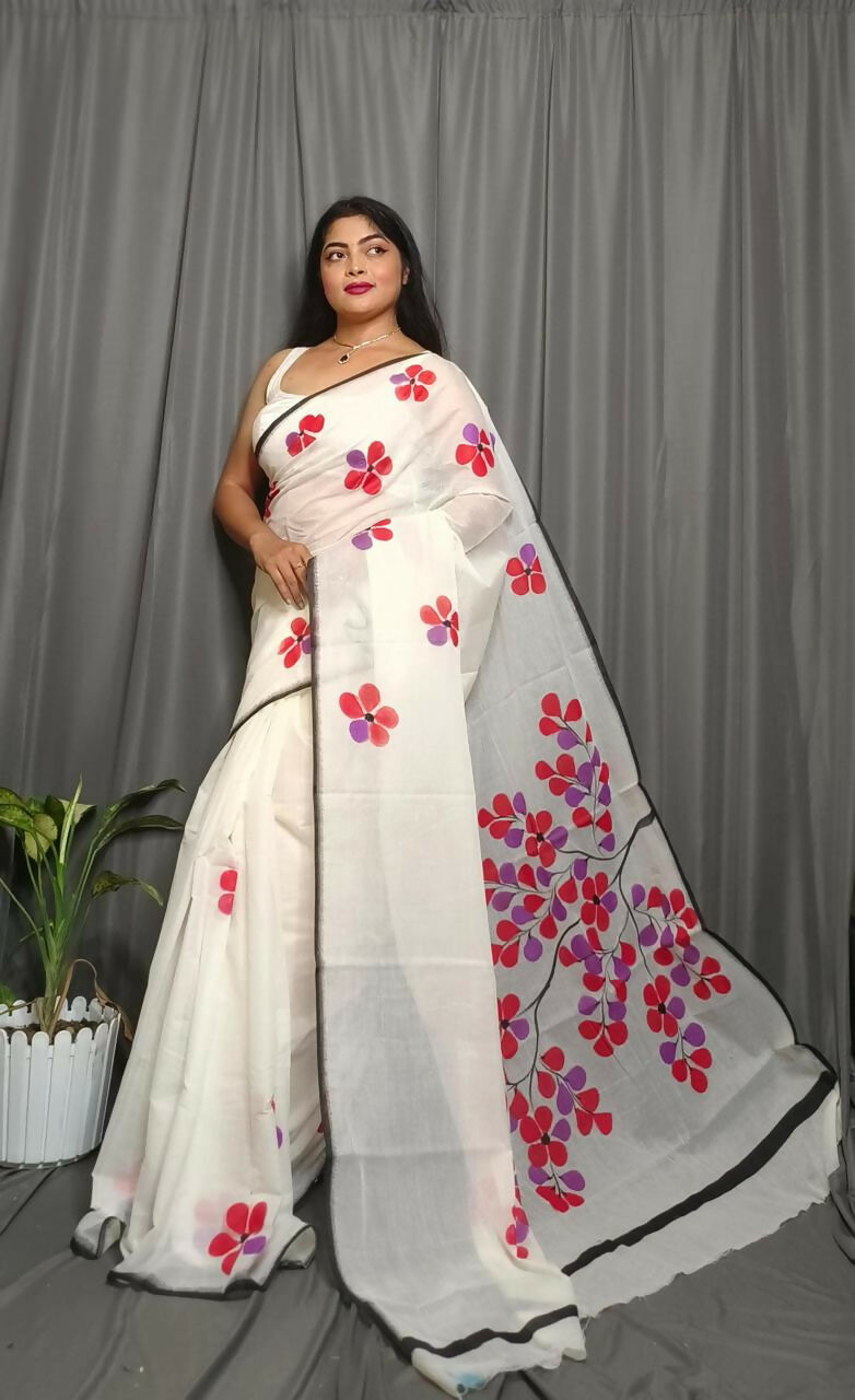 Exclusive Collection Beautiful White Red Pure Cotton Hand Print Handloom Saree With Running Blouse Piece | Grocsy