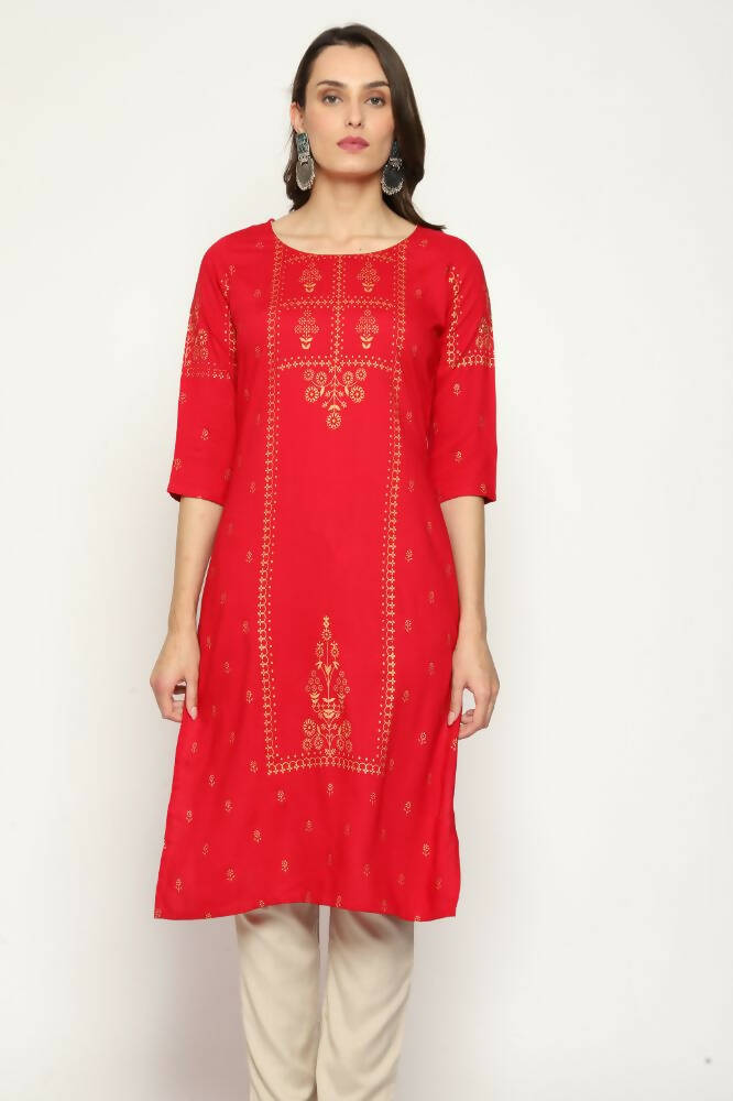 Maai Rayon Hand Printed Kurta Red | Grocsy