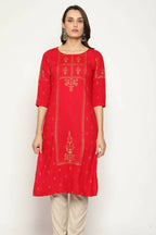 Maai Rayon Hand Printed Kurta Red | Grocsy