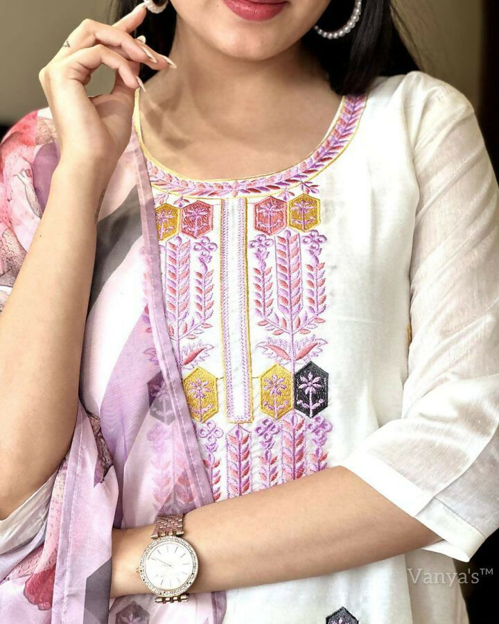 The52 Off White Women's Gorgeous Embroidered Viscose Chanderi Fabric Straight Kurta Pant with Dupatta Set | Grocsy