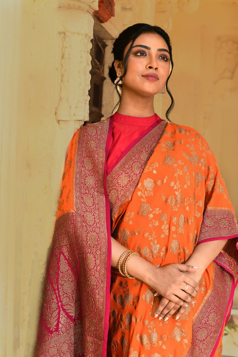Joban Fashion Orange Crepe Chiffon Pure Handloom Banarasi Silk Saree | Grocsy