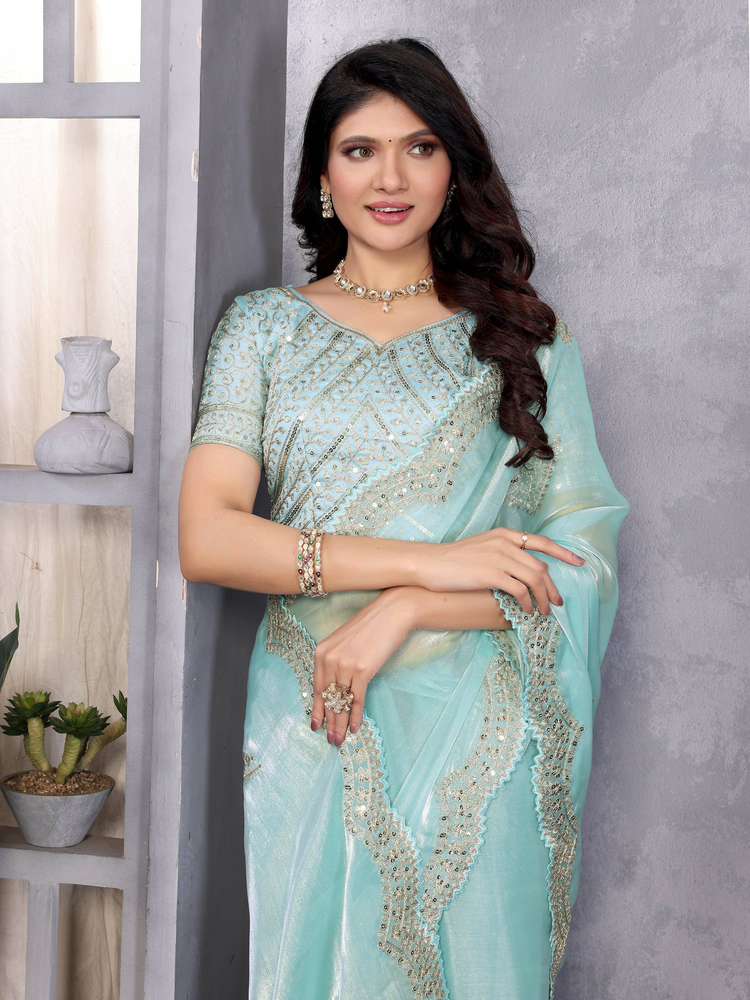 Vastranavya Sky Blue Embroidery Work Shimmer Chiffon Saree with Unstitched Blouse | Grocsy