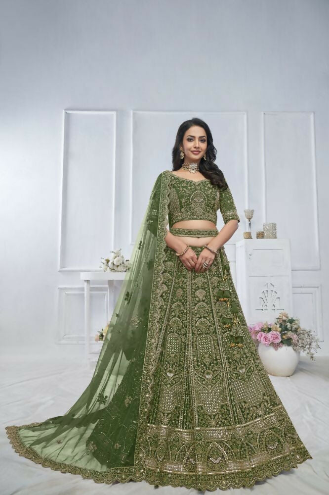 Kesar Fab Green Net Hand_Woven Lehenga | Grocsy