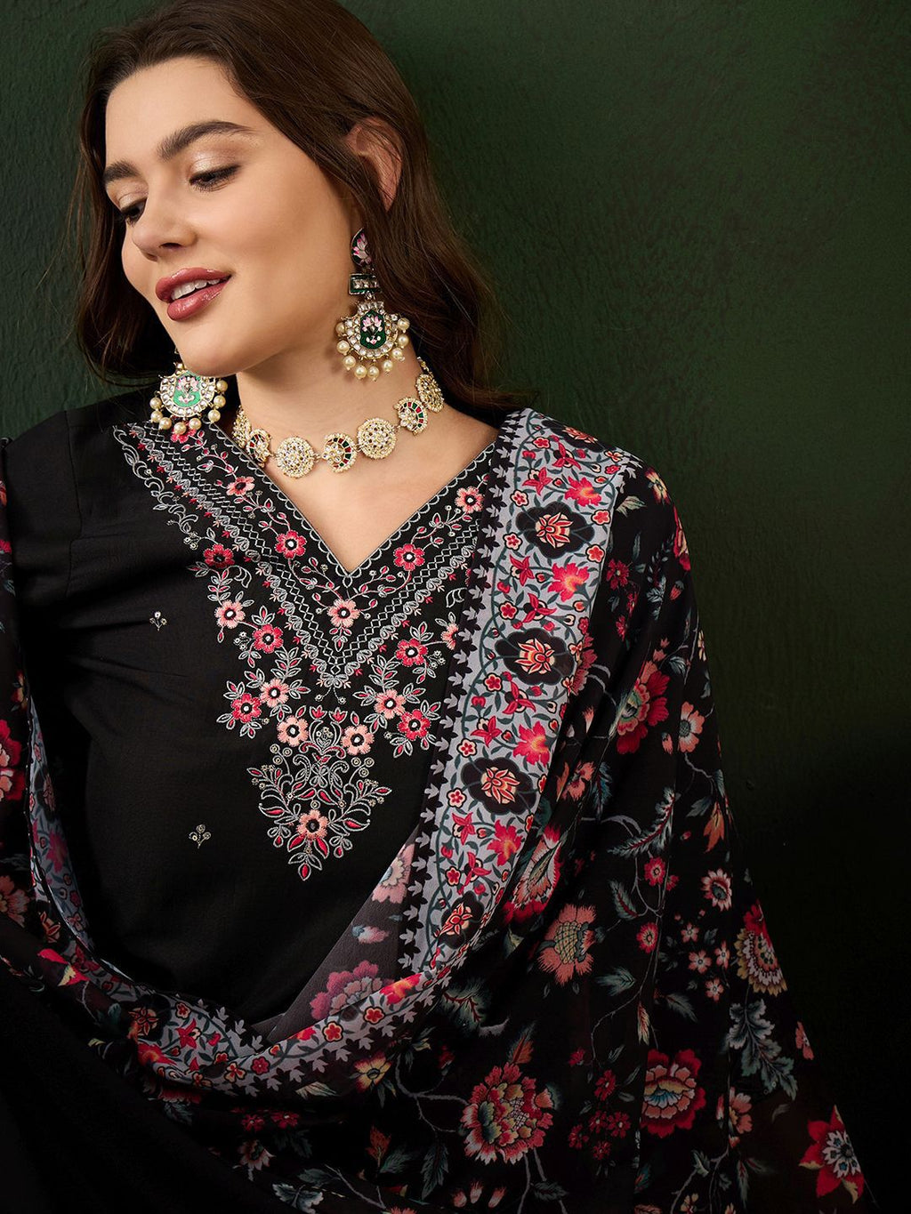 Sangria Floral Embroidered Sequinned Kurta with Trousers & Dupatta | Grocsy