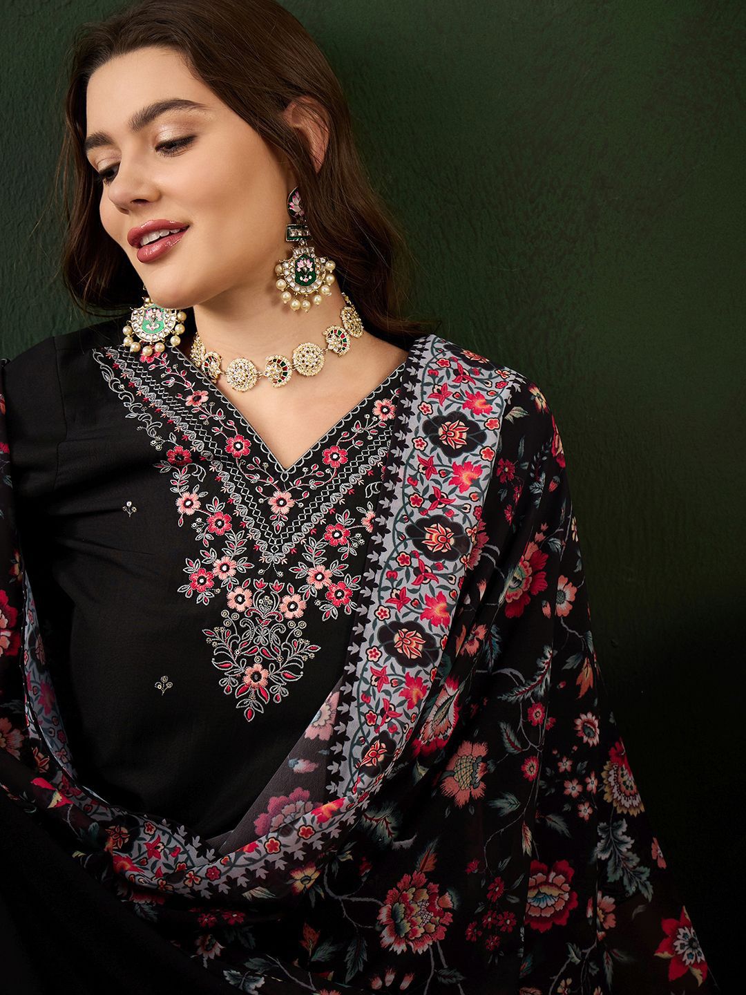 Sangria Floral Embroidered Sequinned Kurta with Trousers & Dupatta | Grocsy