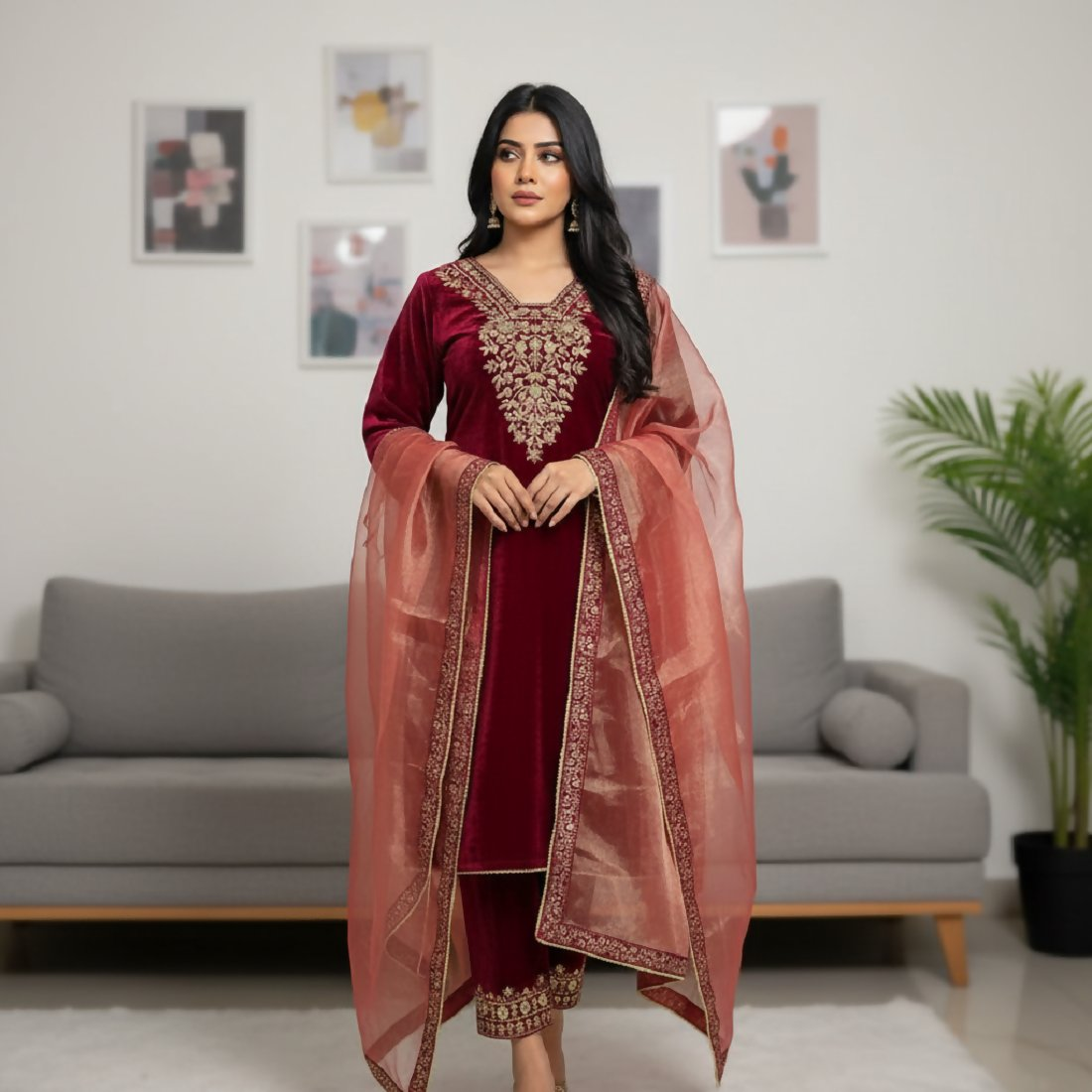 Joban Fashion Maroon Velvet Embroidery Sequence Work Readymade Kurta Set | Grocsy