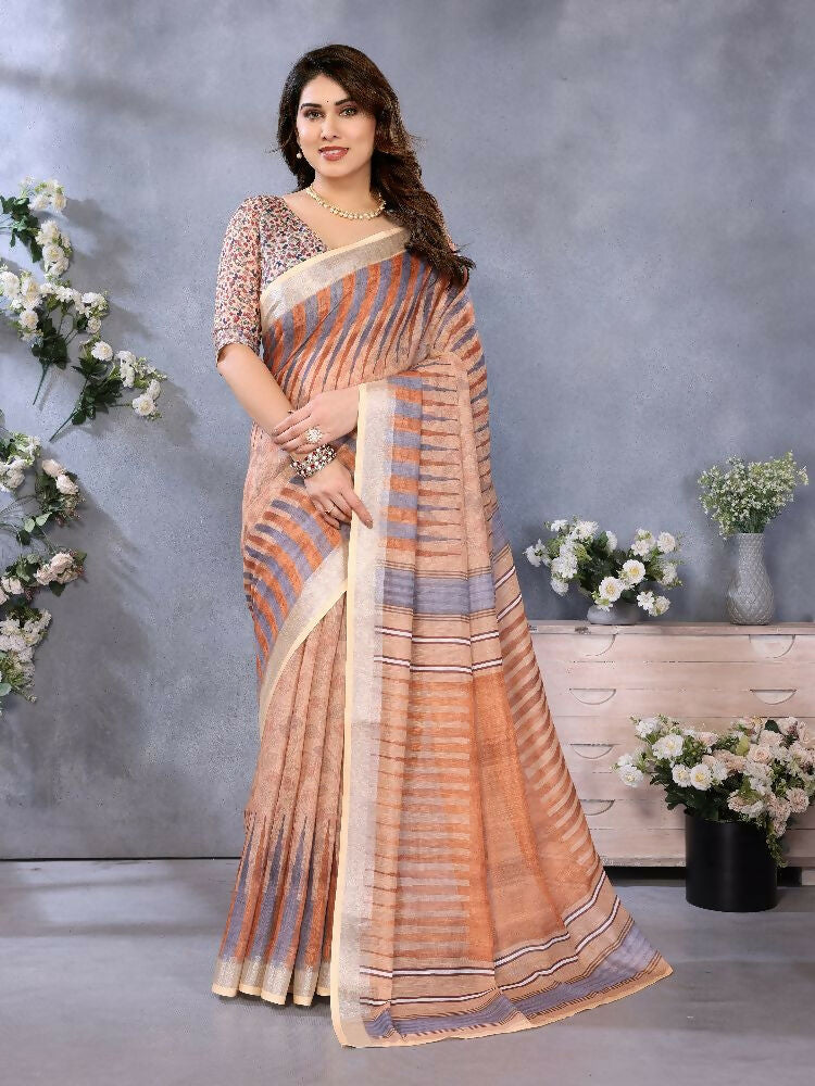 PR Fashion Brown Handloom Linen Cotton Saree | Grocsy