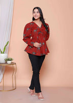 Miravan Womens Brown Animal Printed Balloon Sleeves V Neck Butterfly Top | Grocsy