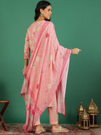 Sangria Floral Printed & Embroidered Kurta & Trouser With Dupatta | Grocsy