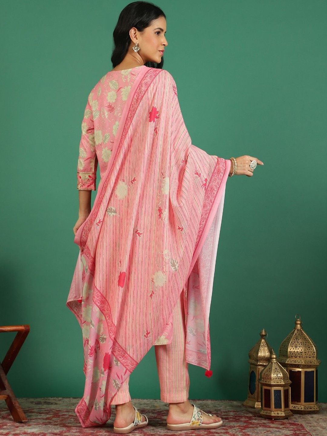 Sangria Floral Printed & Embroidered Kurta & Trouser With Dupatta | Grocsy
