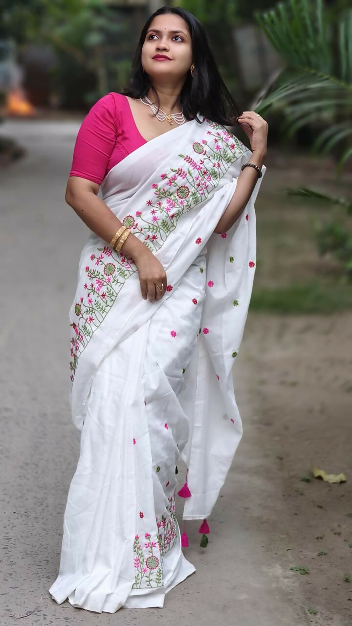 Exclusive Collection White Pure Cotton Handloom Embroidered Saree | Grocsy