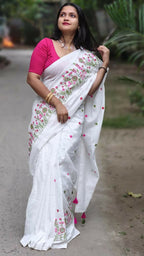 Exclusive Collection White Pure Cotton Handloom Embroidered Saree | Grocsy