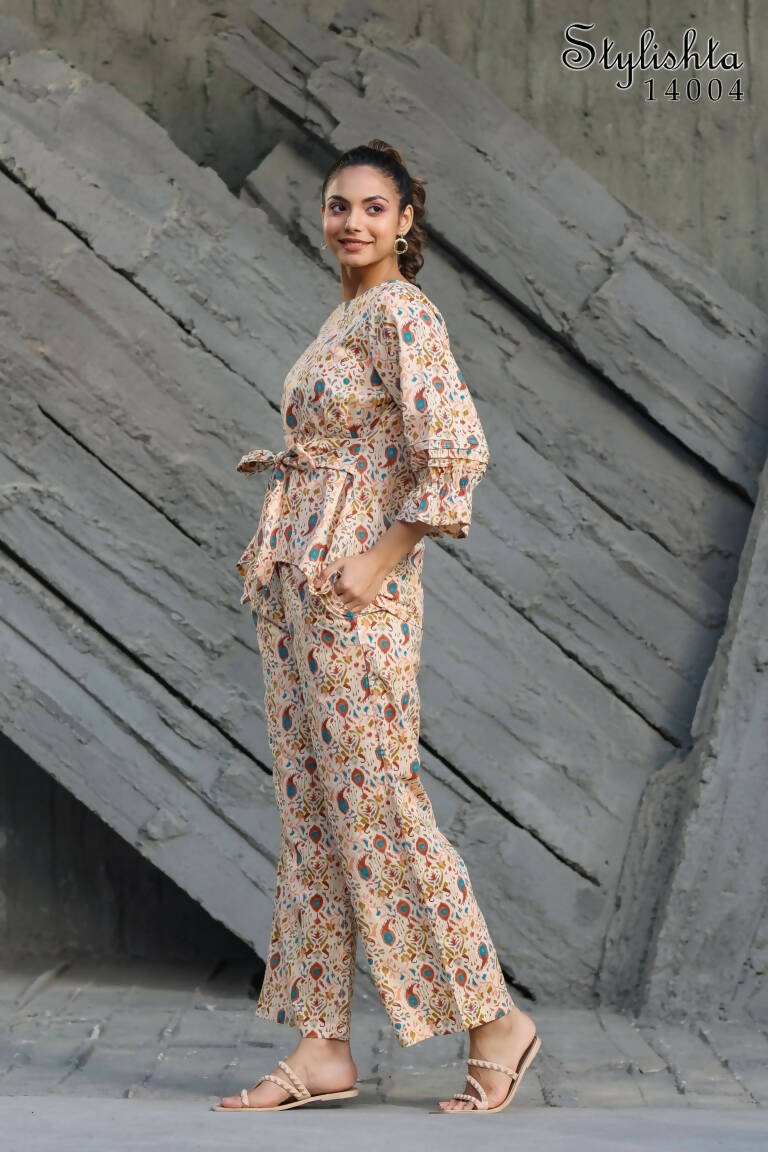 Women's Partywear Designer Cream & Multi Muslin co-ord set - Stylishta | Grocsy