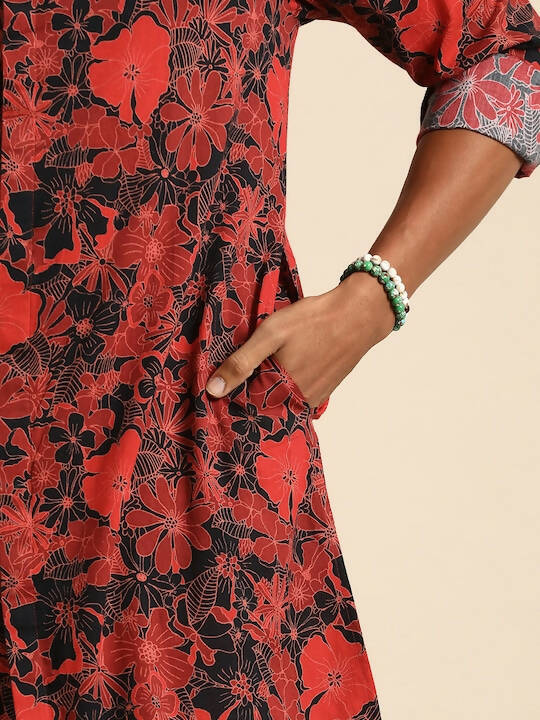 Red & Black Men pure Cotton Floral Printed Straight Kurta - Mahotsav | Grocsy