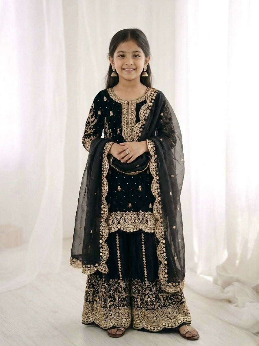 Teeya Creation New Trendy Fully Stitched Ready to Wear Kids Kurta Palazzo Set-Black | Grocsy