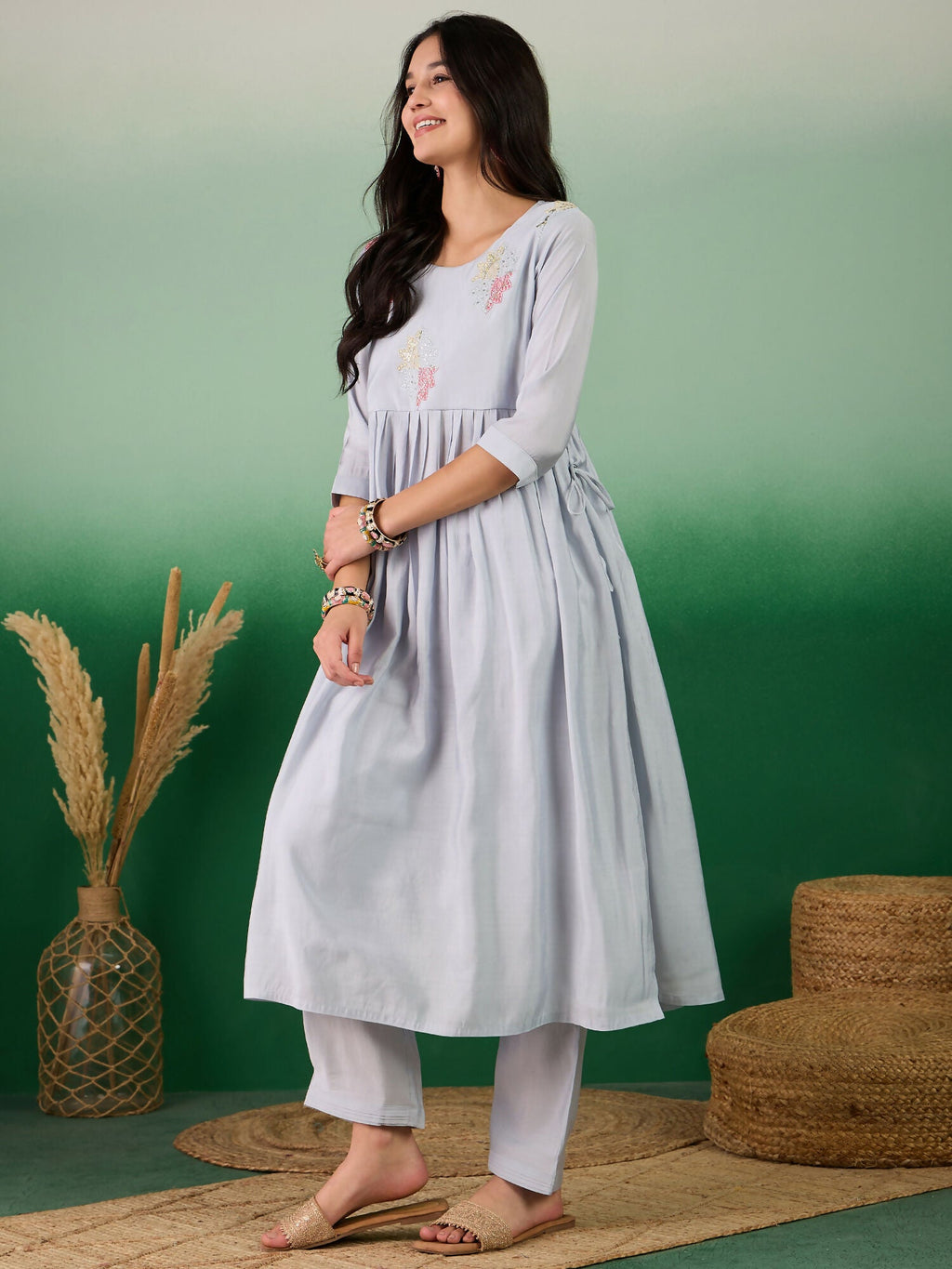 Blue Embroidered Muslin Kurta and Trouser - Berlin | Grocsy