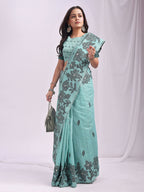 Shree Shyam Fashion Kashira Sea Green Linen Cotton Saree | Grocsy