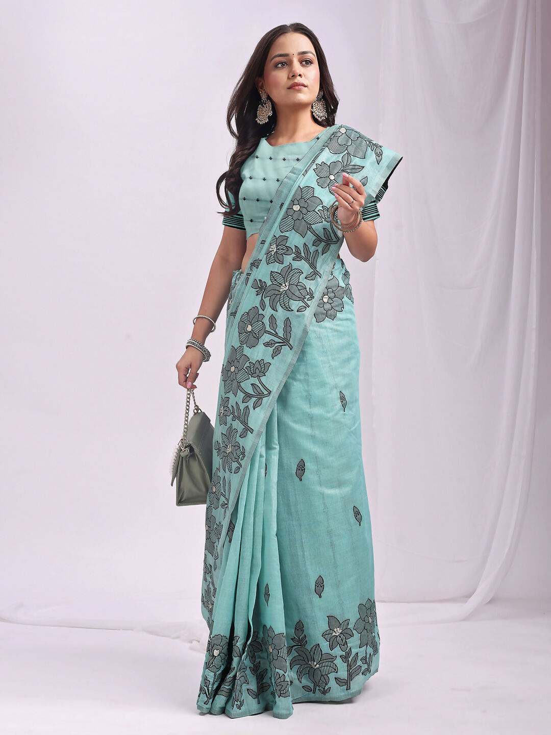 Shree Shyam Fashion Kashira Sea Green Linen Cotton Saree | Grocsy