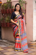 Red Silk Blend Geometric Saree with Unstitched Blouse - Hiral Fashion | Grocsy