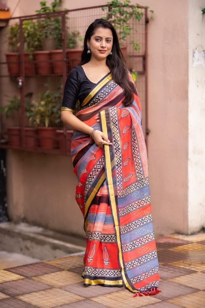 Red Silk Blend Geometric Saree with Unstitched Blouse - Hiral Fashion | Grocsy