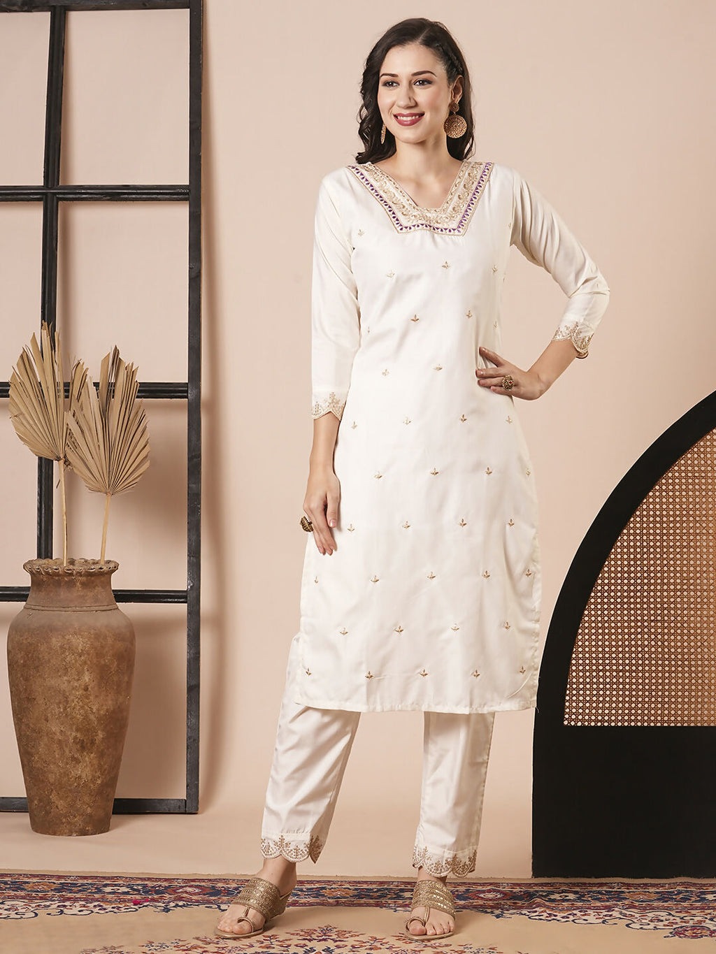 Off White Roman Silk Embroidery Work, Printed Kurta Set - Riya | Grocsy