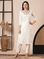 Off White Roman Silk Embroidery Work, Printed Kurta Set - Riya | Grocsy