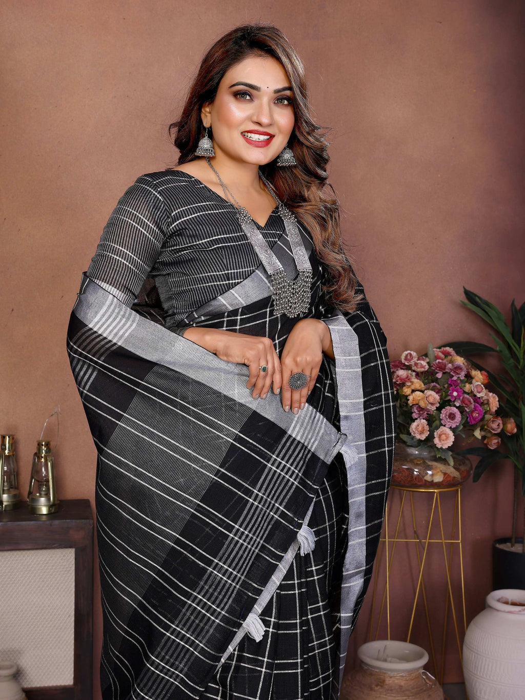 Aastha Fashion Black Linen Weaving Saree | Grocsy