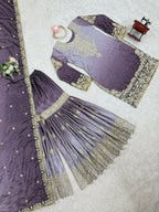 The52 Women's Beautiful Chinon silk Fabric Embroidery Work Straight Kurta Palazzo and Dupatta Set | Grocsy