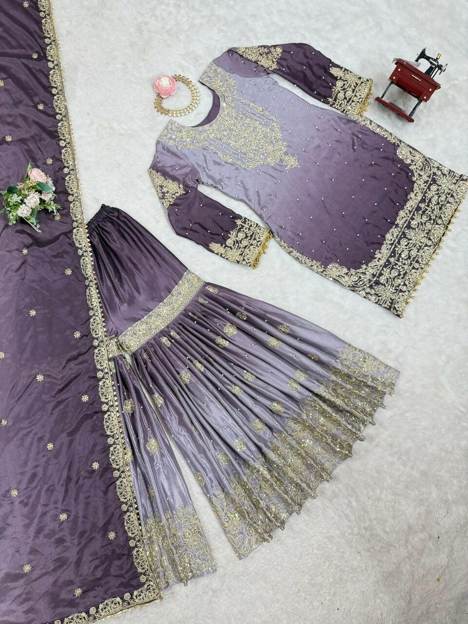 The52 Women's Beautiful Chinon silk Fabric Embroidery Work Straight Kurta Palazzo and Dupatta Set | Grocsy