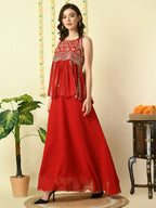 Myshka Women's Red Georgette Top With Skirt Party Sets | Grocsy