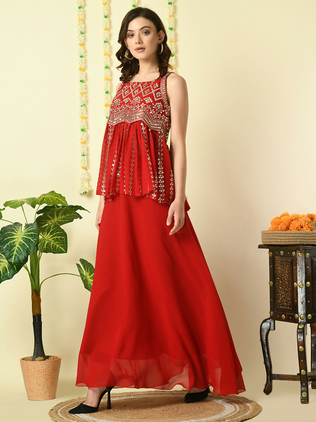 Myshka Women's Red Georgette Top With Skirt Party Sets | Grocsy