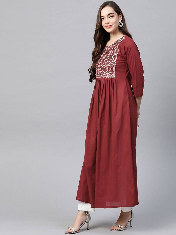 Yufta Women Rust Red & White Embroidered Mirror Work Yoke Design Cotton A-Line Dress | Grocsy