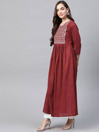 Yufta Women Rust Red & White Embroidered Mirror Work Yoke Design Cotton A-Line Dress | Grocsy