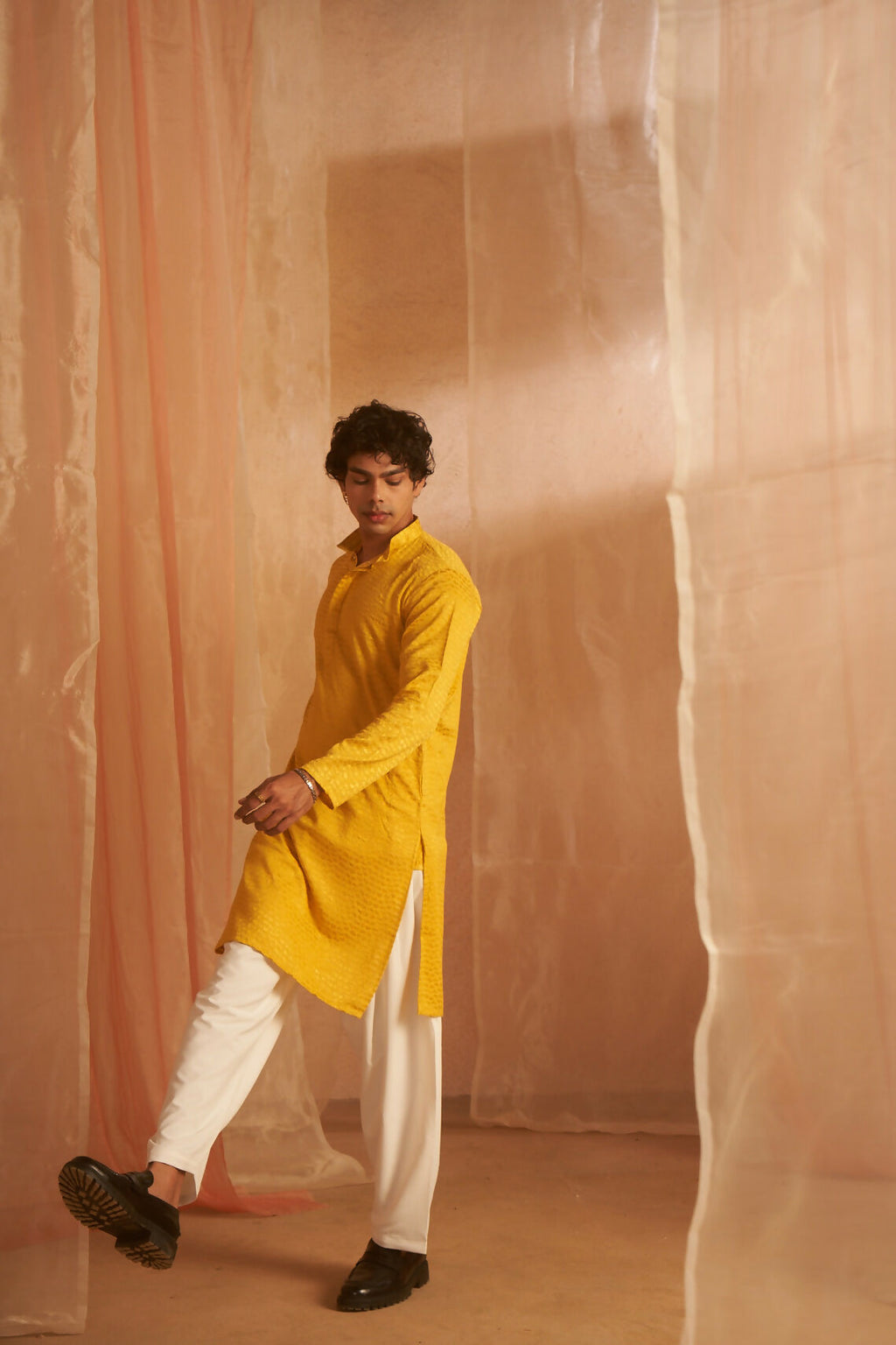 Mustard Viscose Chikankari Embroidery Work Men's Kurta Set - Mahotsav | Grocsy